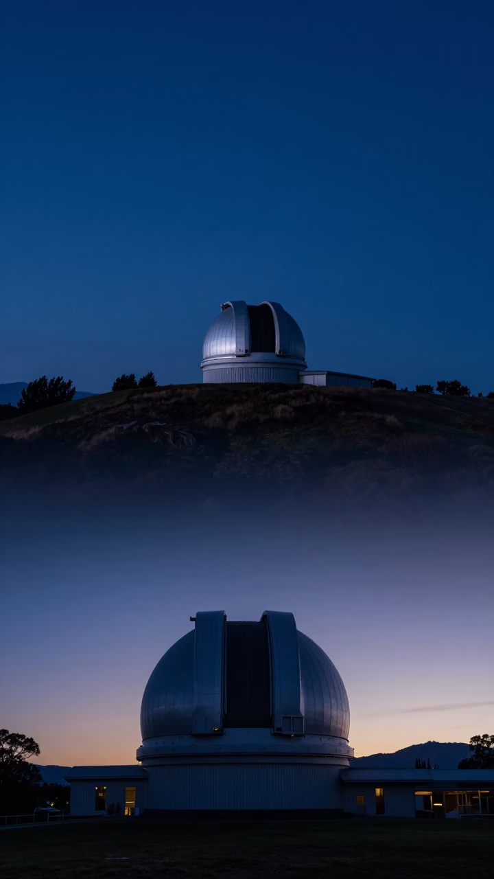 Indigo Twilight Over Christchurch Observatory Dome and Drifting Ground Fog in in Christchurch, New Zealand