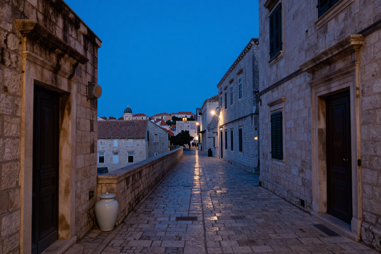 Indigo Twilight Over Dubrovnik Old Town Stone Streets with Traditional Porcelain Jar in in Dubrovnik, Croatia