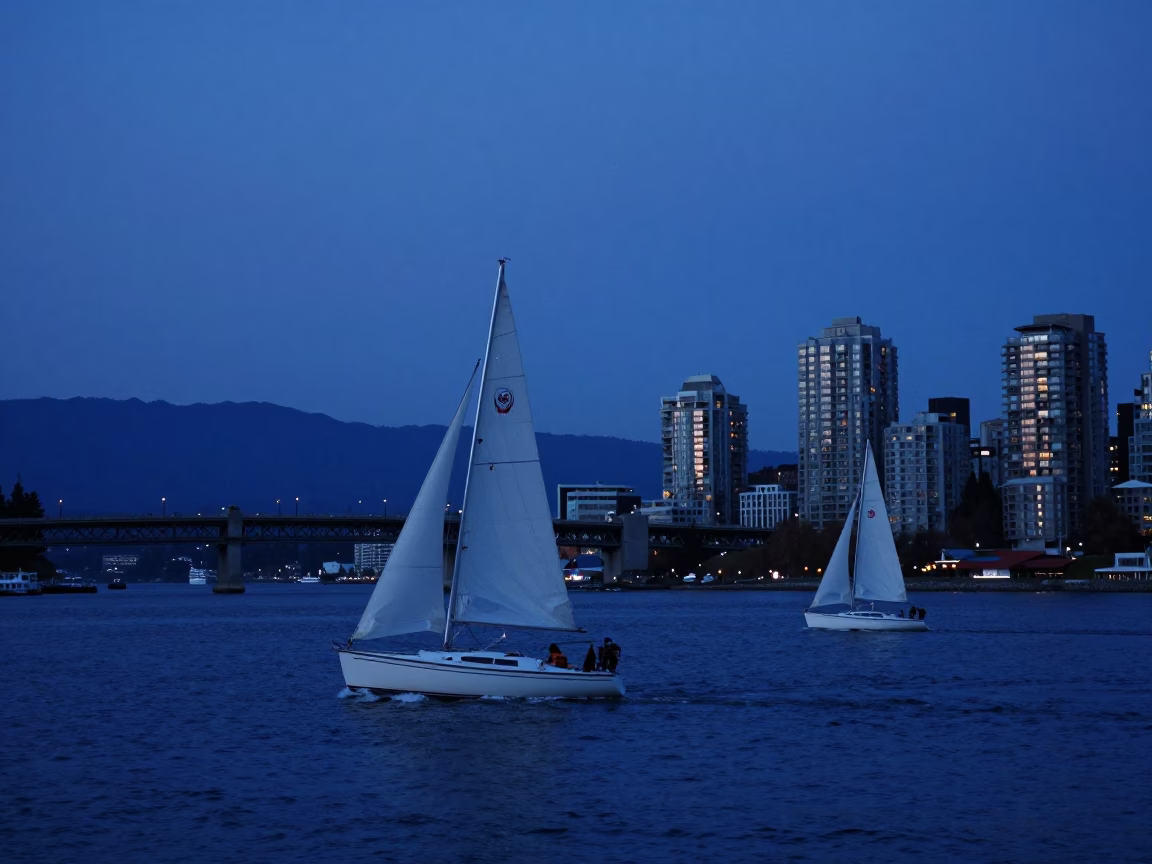 Indigo Twilight Over False Creek with Sailboats and Urban Skyline in Vancouver in in Vancouver, British Columbia, Canada