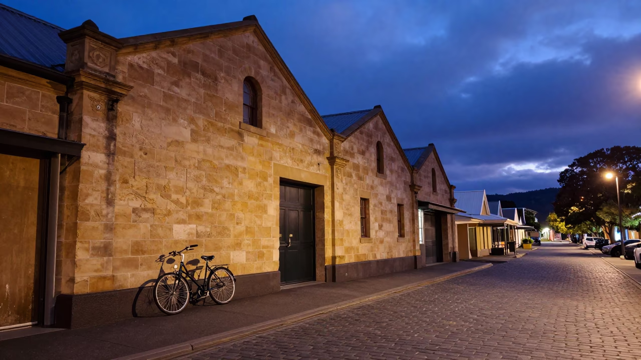 Indigo Twilight Over Hobart's Salamanca Place With Vintage Bicycle and Drawbridge Reflections in in Hobart, Tasmania, Australia