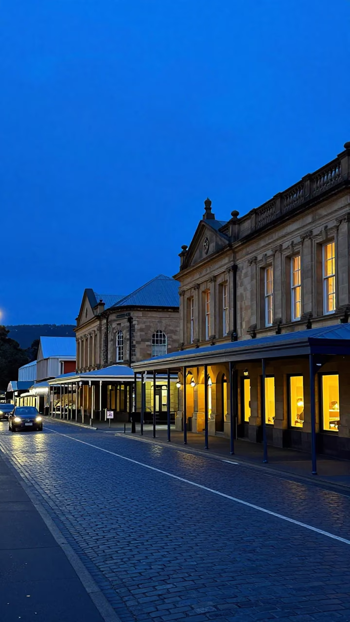 Indigo Twilight Over Hobart Salamanca Place Street Scene with Vintage Car and Cobblestones in in Hobart, Tasmania, Australia