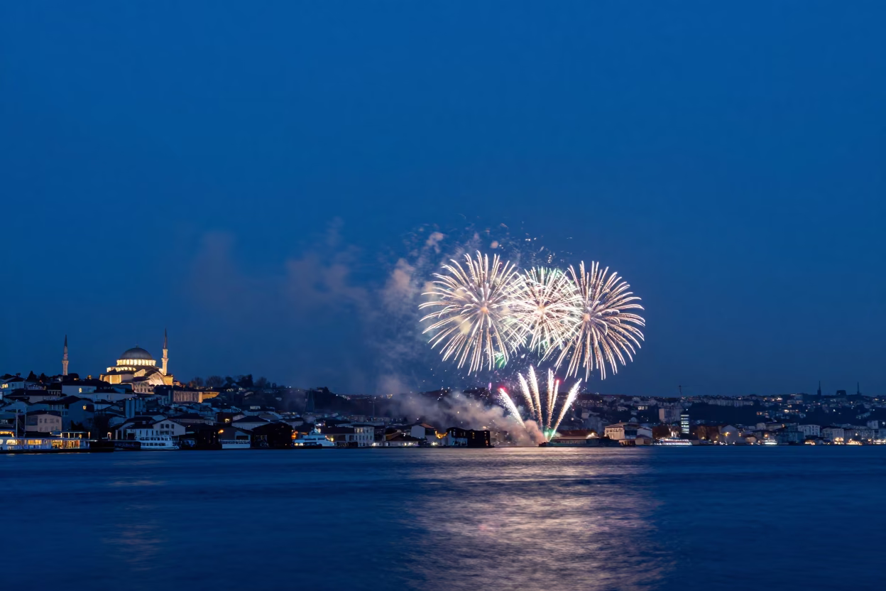 Indigo Twilight Over Istanbul Bosphorus Harbor With Fireworks and Ferry Silhouettes in in Istanbul, Turkey