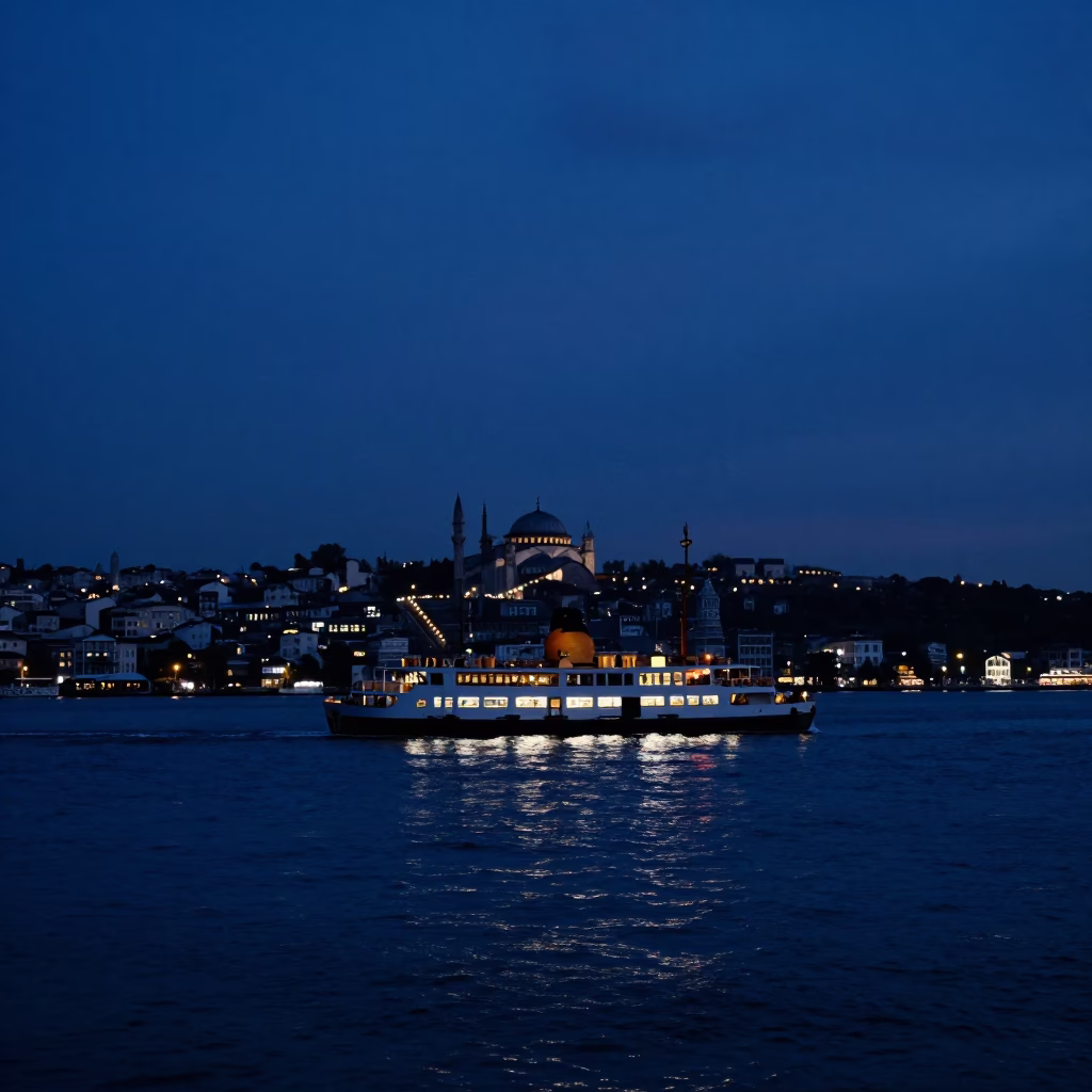 Indigo Twilight Over Istanbul Bosphorus Strait with Ferry Silhouettes and City Lights in in Istanbul, Turkey