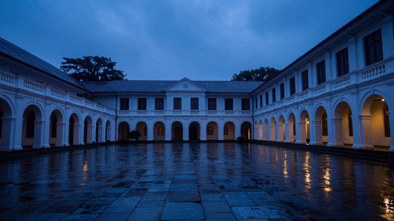Indigo Twilight Over Kolkata Wet Flagstones and University Cloister After Rain in in Kolkata, India