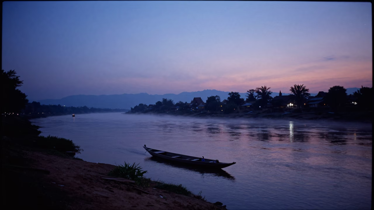 Indigo Twilight Over Mekong River with Sampan and Lantern in Luang Prabang Laos in in Luang Prabang, Laos