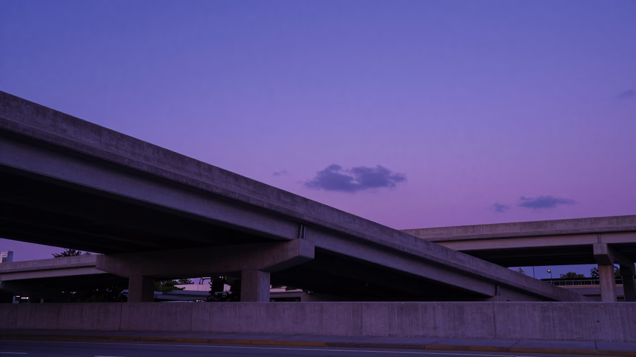 Indigo Twilight Over Miami Florida Highway Interchange Ramp Slicing Violet Sky in in Miami, Florida, United States