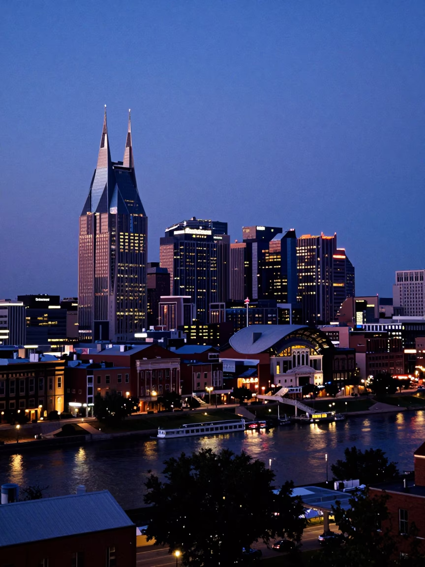 Indigo Twilight Over Nashville Tennessee Skyline and Riverfront Street Scene in in Nashville, Tennessee, United States
