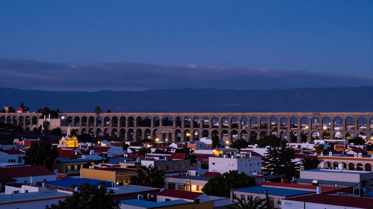 Indigo Twilight Over Oaxaca Mexico Cityscape with Aqueduct Arch and Distant Hills in in Oaxaca, Mexico