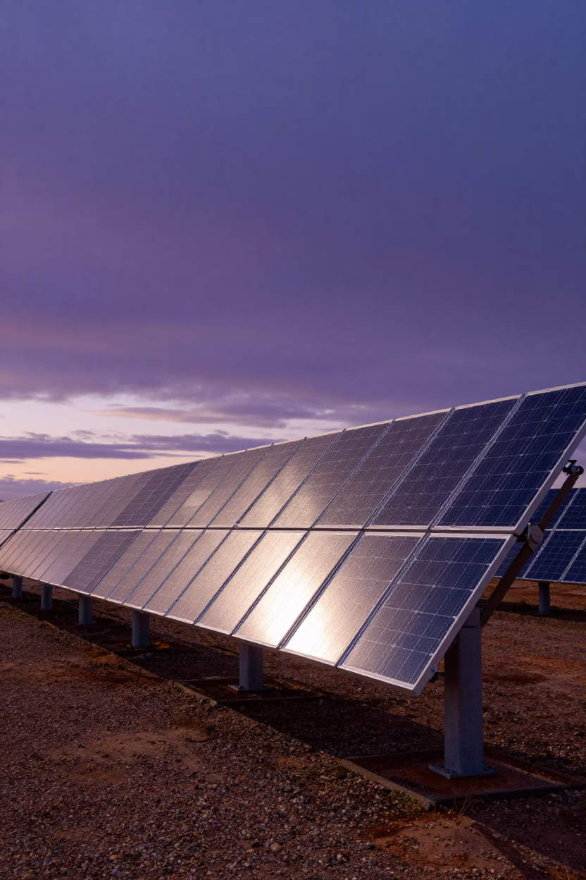 Indigo Twilight Over Perth WA Solar Array Glinting on Gravel Scrub Landscape in in Perth, Western Australia, Australia