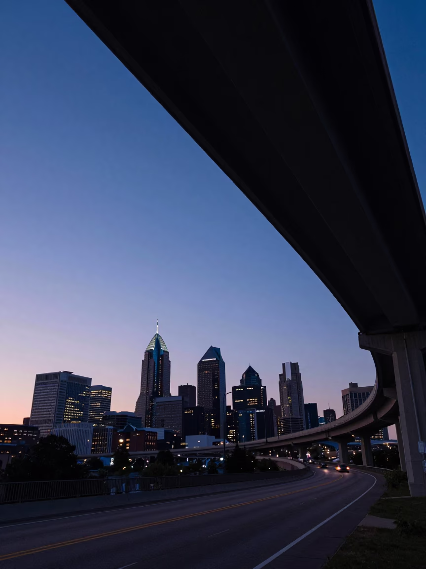 Indigo Twilight Over Philadelphia Skyline with Highway Flyover Stack and City Lights in in Philadelphia, Pennsylvania, United States
