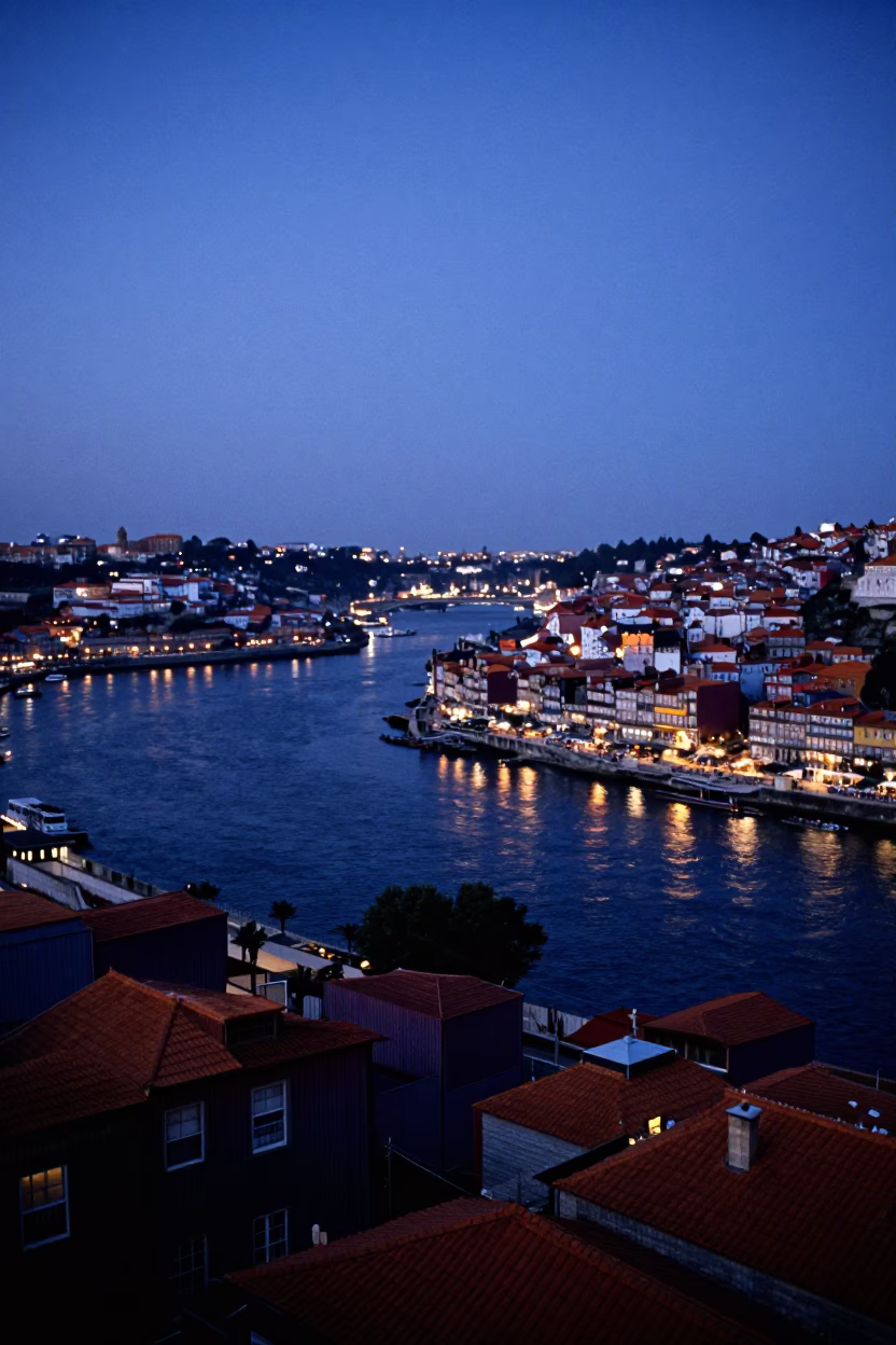 Indigo Twilight Over Porto Portugal Douro River and Historic Cityscape in in Porto, Portugal