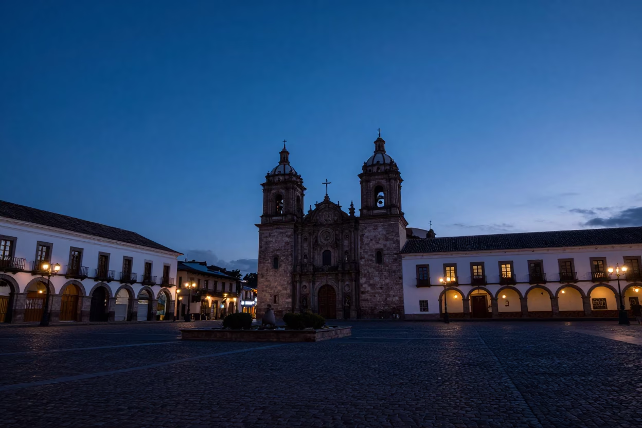 Indigo Twilight Over Quito's Historic Plaza with Colonial Architecture and Street Activity in in Quito, Ecuador