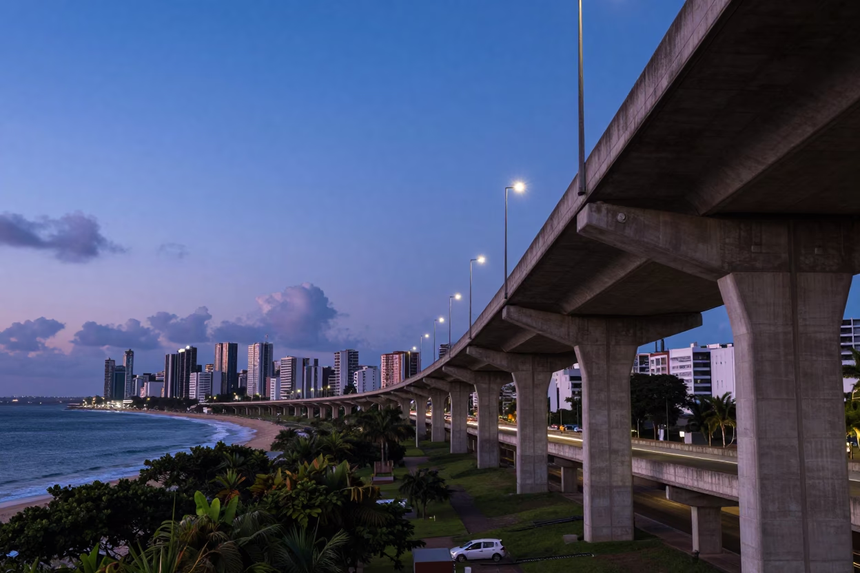 Indigo Twilight Over Salvador Brazil Highway Flyover Stack and Coastal Urban Landscape in in Salvador, Brazil