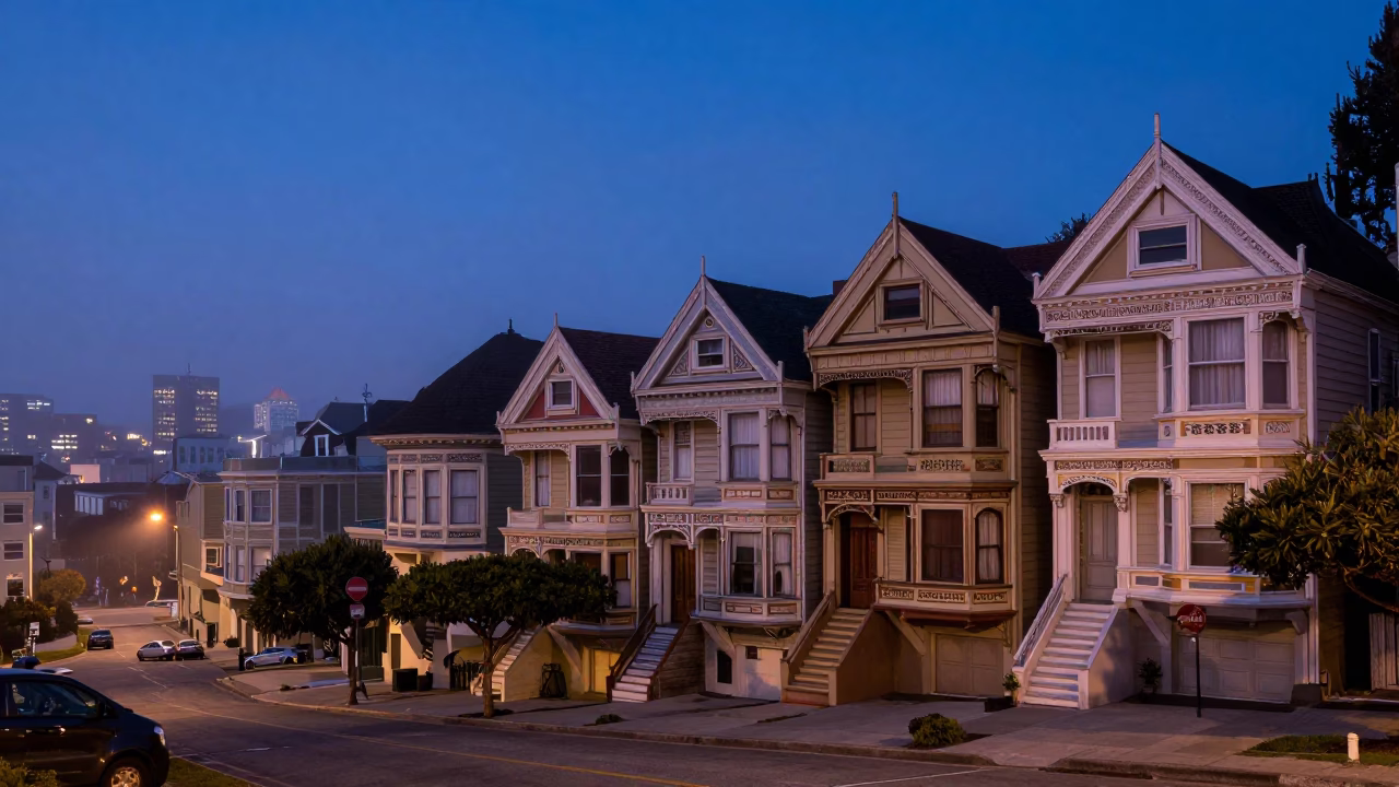 Indigo Twilight Over San Francisco Fog Lifting From Victorian Row Houses and Street Lamps in in San Francisco, California, United States