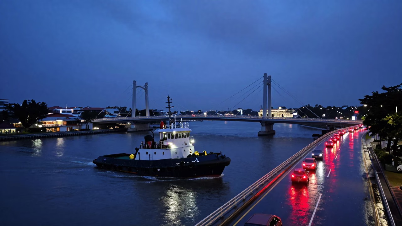 Indigo Twilight Over Singapore Harbor with Tugboat and Rain-Slicked Overpass Taillights in in Singapore, Singapore