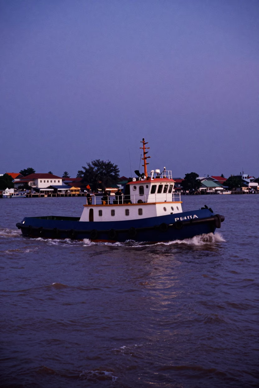 Indigo Twilight Over Surabaya Harbor With Tugboat And River Foam in in Surabaya, Indonesia