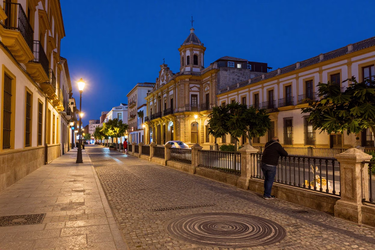 Indigo Twilight Over Valencia Spain Street Scene with Water Rings and Mechanical Pencil in in Valencia, Spain