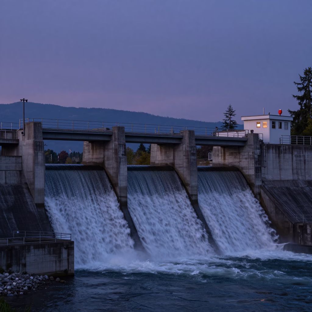 Indigo Twilight Over Vancouver British Columbia Dam Spillway and Concrete Infrastructure in in Vancouver, British Columbia, Canada