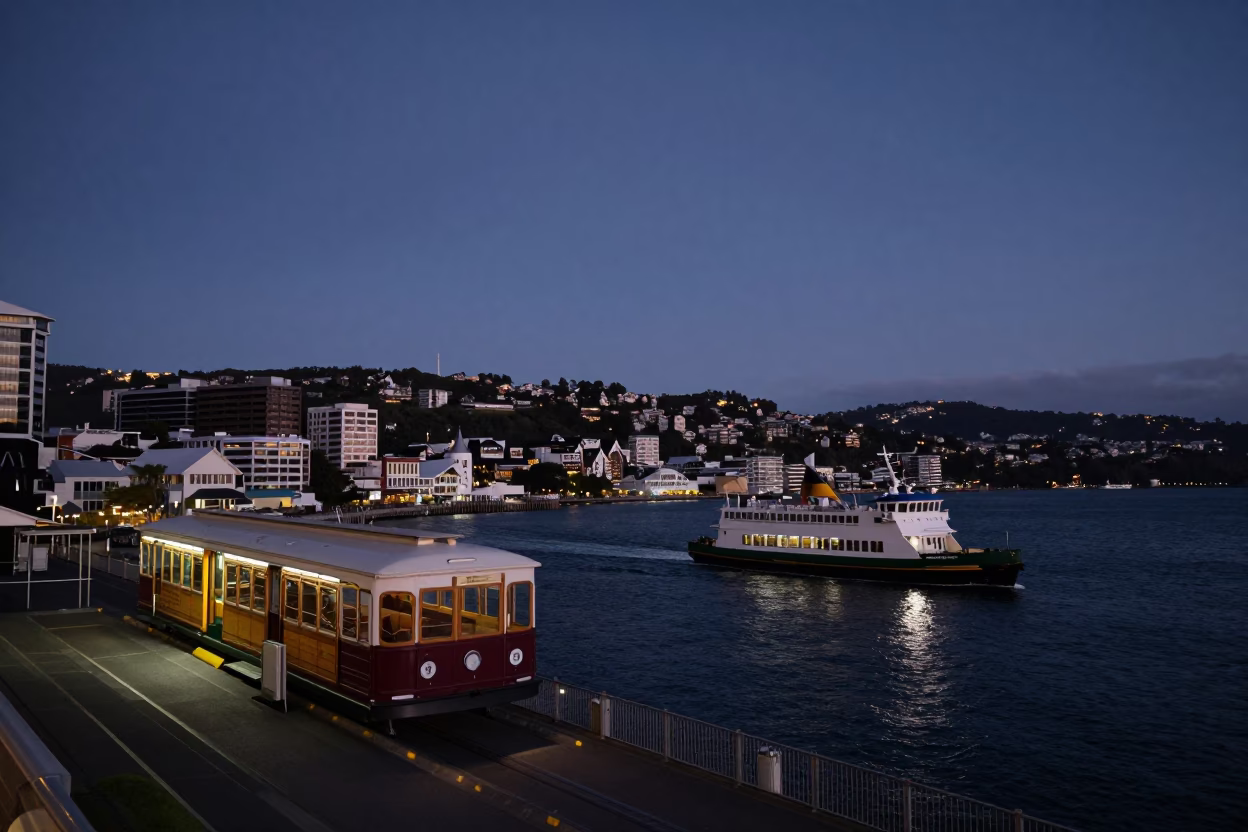 Indigo Twilight Over Wellington Harbour with Ferry Crossing and City Lights in in Wellington, New Zealand