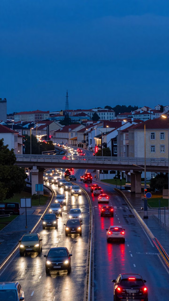 Indigo Twilight Overpass Interchange in Lisbon Portugal Glowing Taillights After Rain in in Lisbon, Portugal