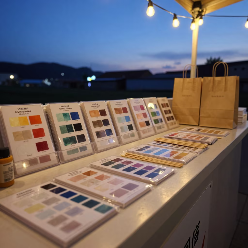 Indigo Twilight Paint Counter with Stir Sticks in at a cash wrap counter with bags stacked nearby in Anyang
