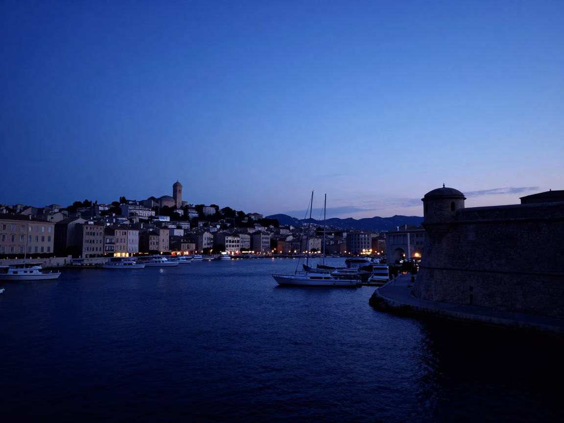 Indigo Twilight Panorama of Marseille Vieux Port and Fort Saint-Jean Horizon in in Marseille, France