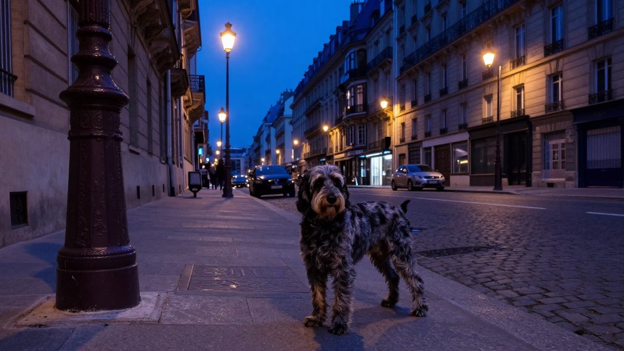 Indigo Twilight Paris Street Scene with Bluetick Coonhound and Vintage Café Details in in Paris, France