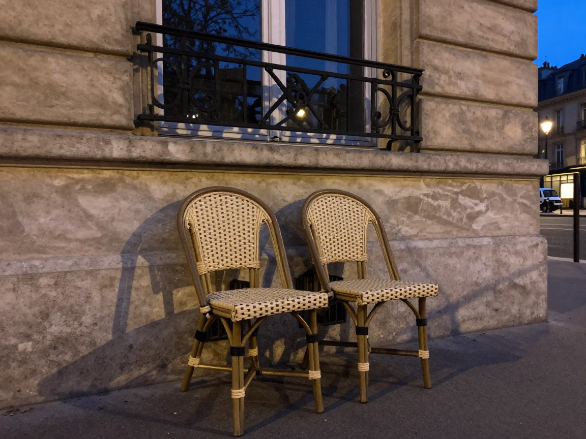 Indigo Twilight Paris Street Scene with Rattan Chair and Soap Residue in in Paris, France