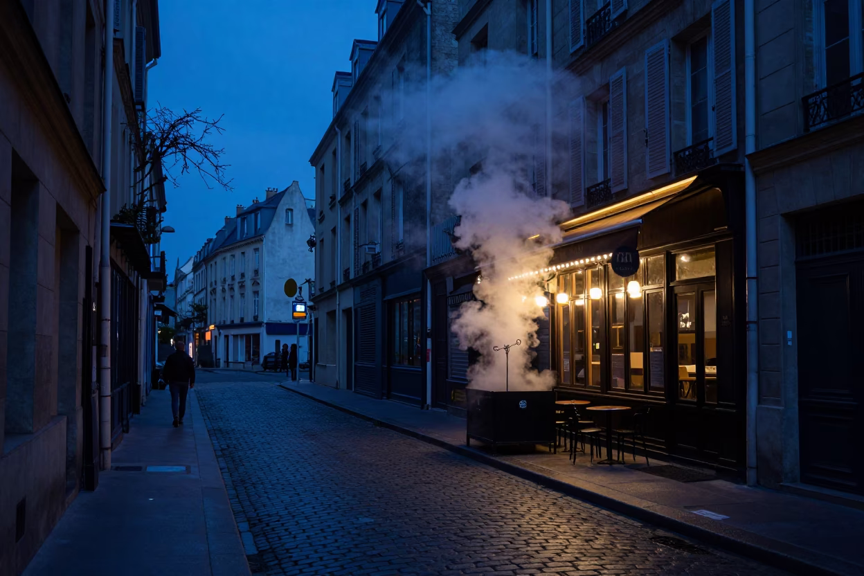 Indigo Twilight Paris Street Scene with Steam and Iron Details in in Paris, France