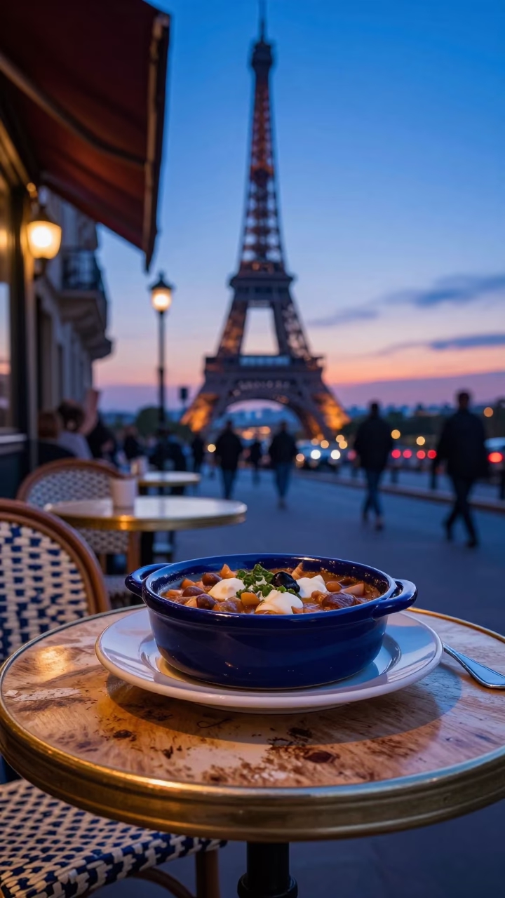 Indigo Twilight Parisian Cafe Table with Cassoulet and Glass Pitcher in in Paris, France
