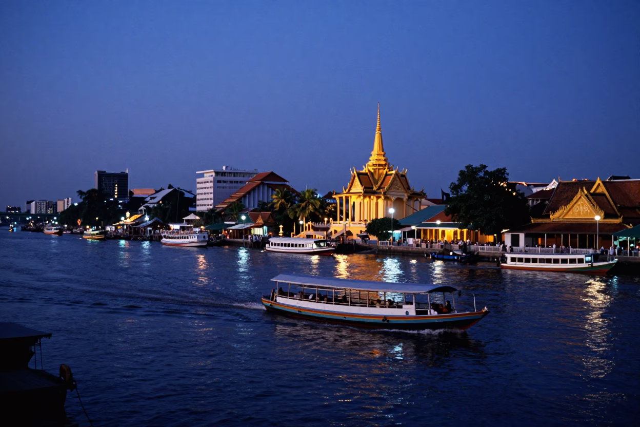 Indigo Twilight Phnom Penh Street Scene with Water Taxi and Local Life in in Phnom Penh, Cambodia