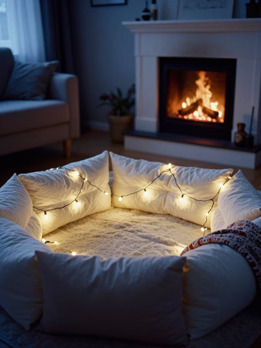 Indigo Twilight Pillow Fort with Fairy Lights in by a crackling fireplace in Kharkiv