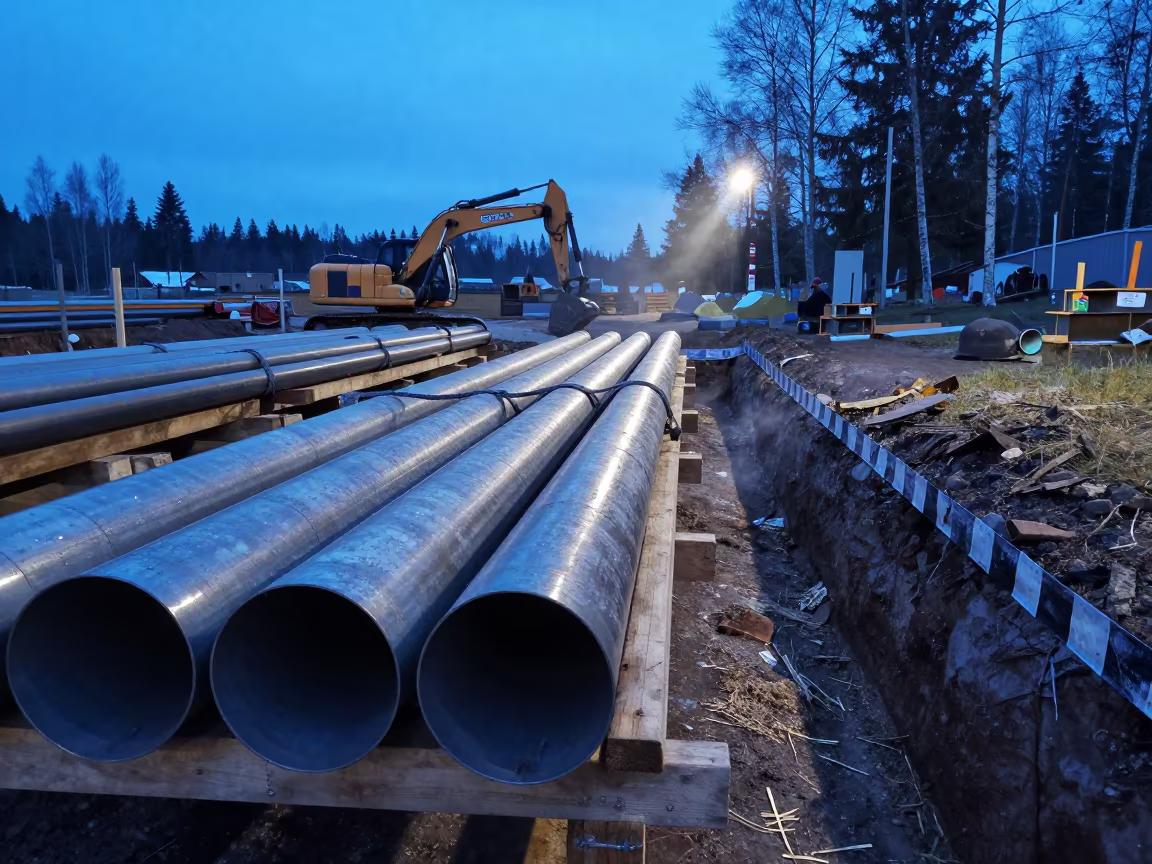 Indigo Twilight Pipe Laydown Yard Finland in inside a taped-off excavation edge in Finland