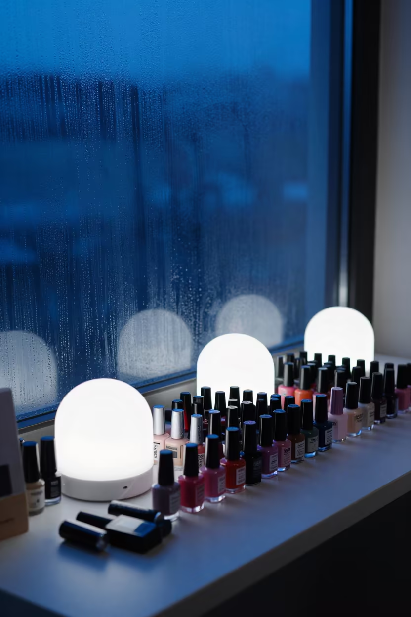 Indigo Twilight Polish Bottles and LED Lamps in inside a salon row near Maykop