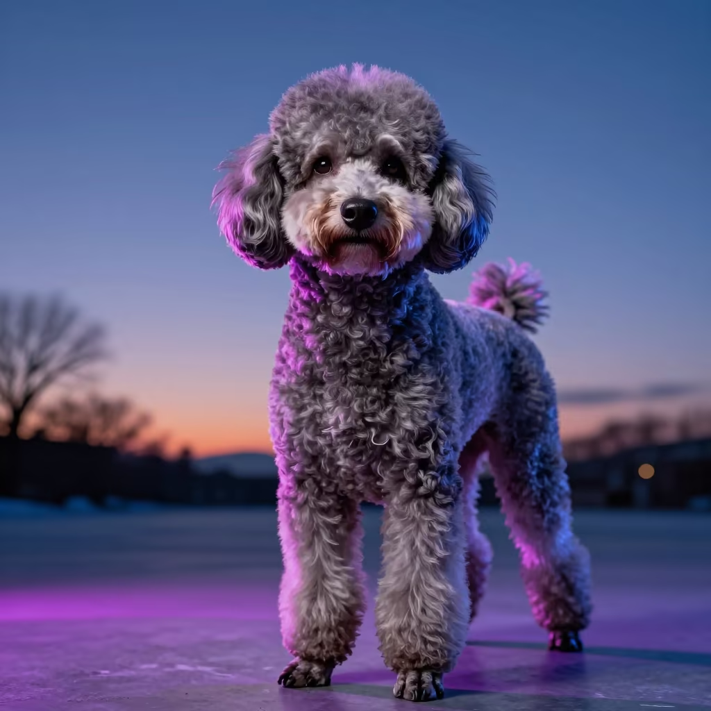Indigo Twilight Portrait of a Poodle in Chiba Studio in in a quiet portrait studio with a plain backdrop and eye-level framing in Chiba