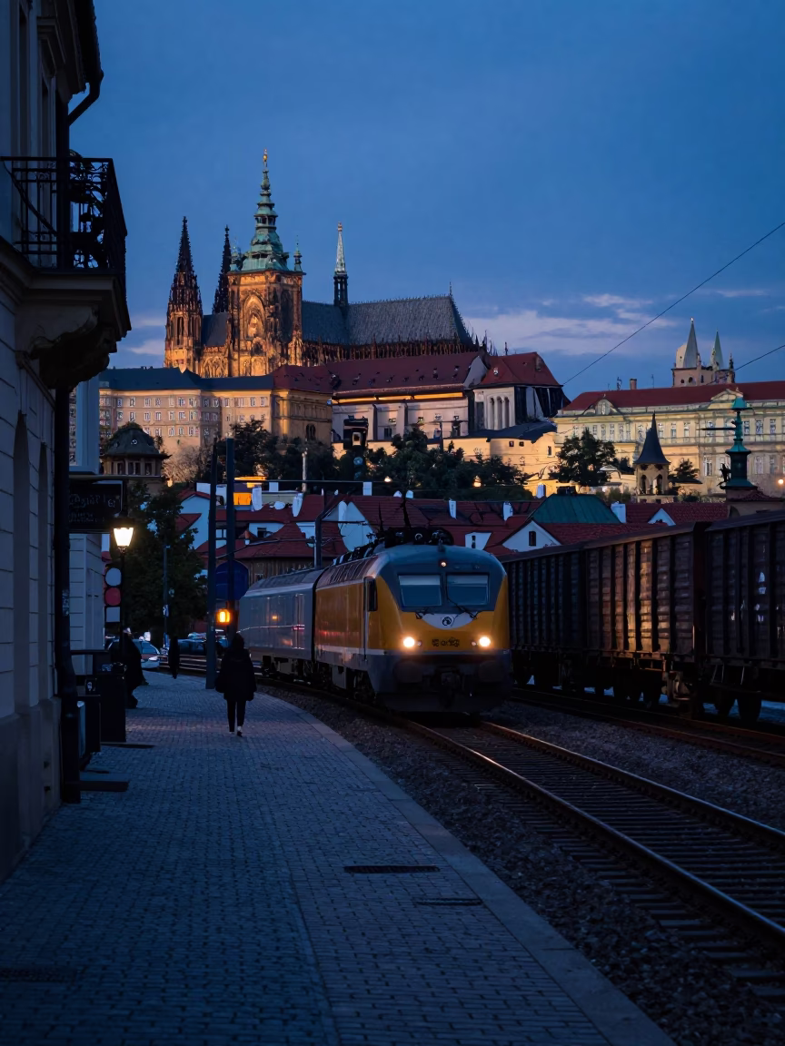 Indigo Twilight Prague Street Scene with Freight Train and Urban Details in in Prague, Czech Republic