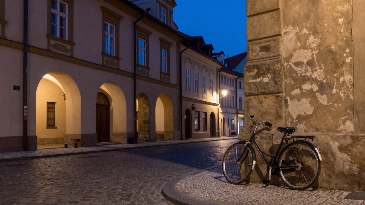 Indigo Twilight Prague Street Scene with Vintage 1960s Aesthetic and Local Details in in Prague, Czech Republic