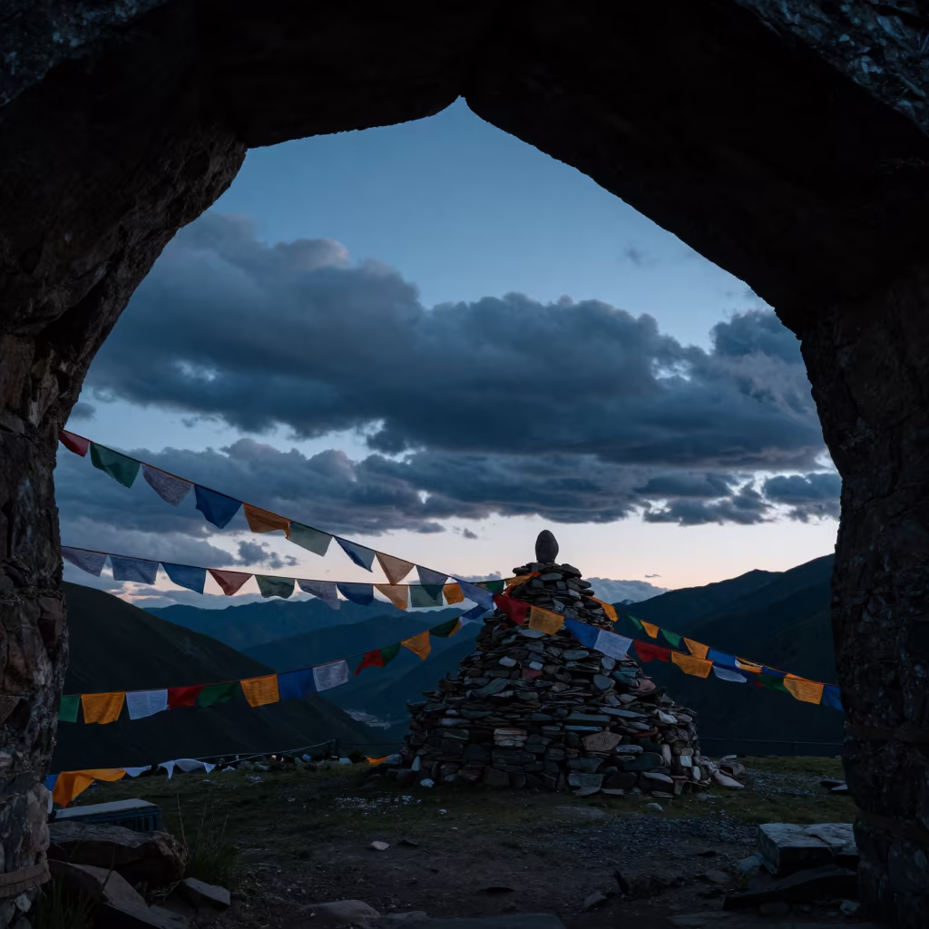 Indigo Twilight Prayer Flags Near Lhasa Summit in beside a summit cairn above the tree line near Lhasa