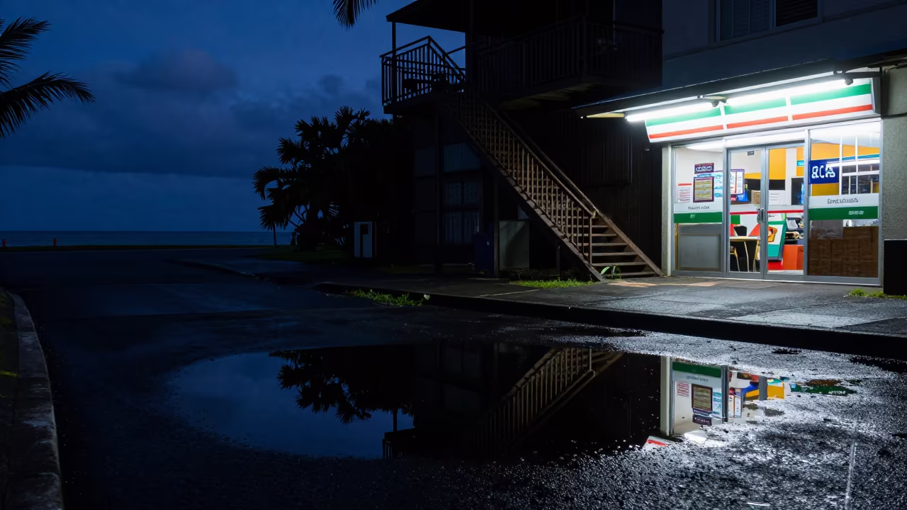 Indigo Twilight Puddle Reflects Fire Escape in outside a fluorescent convenience store in Victoria Seychelles