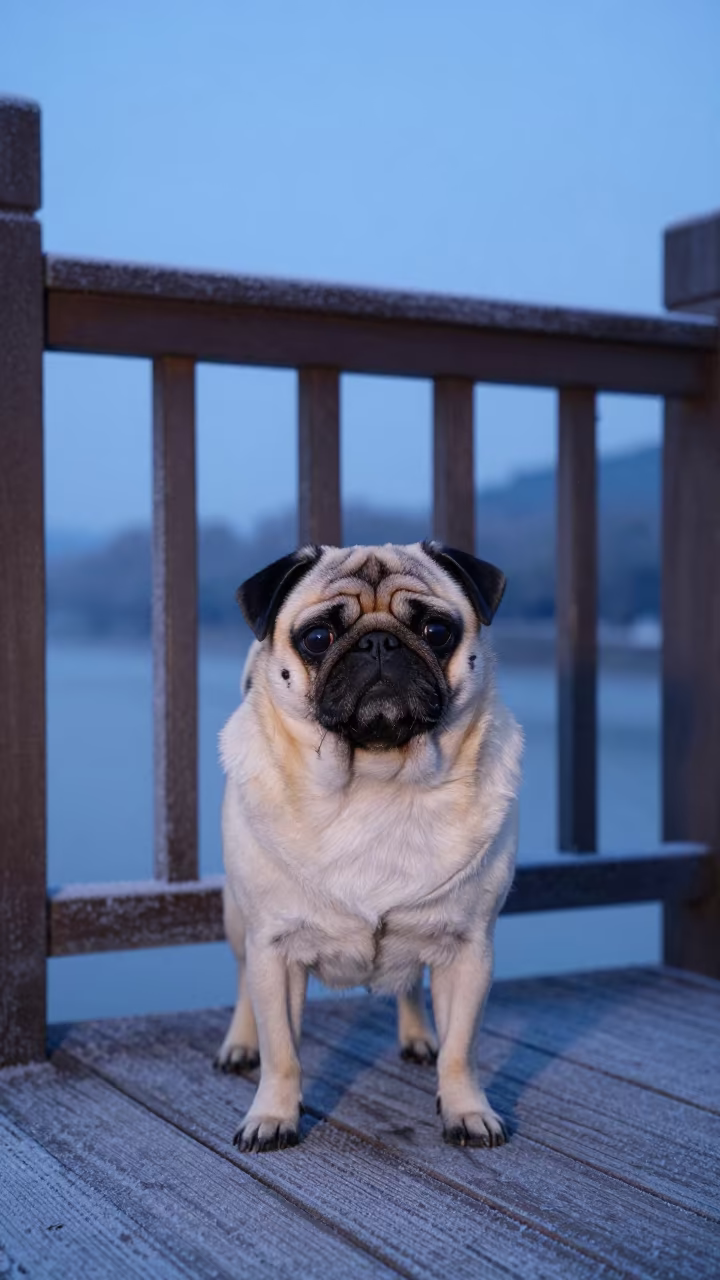 Indigo Twilight Pug Portrait on Wenzhou Porch in on a shaded front porch with boards, railings, and eye-level framing in Wenzhou
