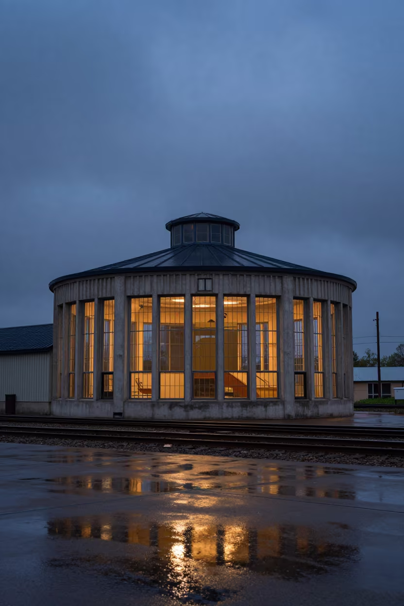 Indigo Twilight Railway Roundhouse Reflections in inside a ribbed concrete lobby in Oklahoma City