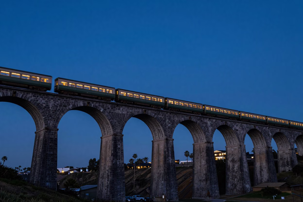 Indigo Twilight Railway Viaduct with Passing Train in San Diego California in in San Diego, California, United States