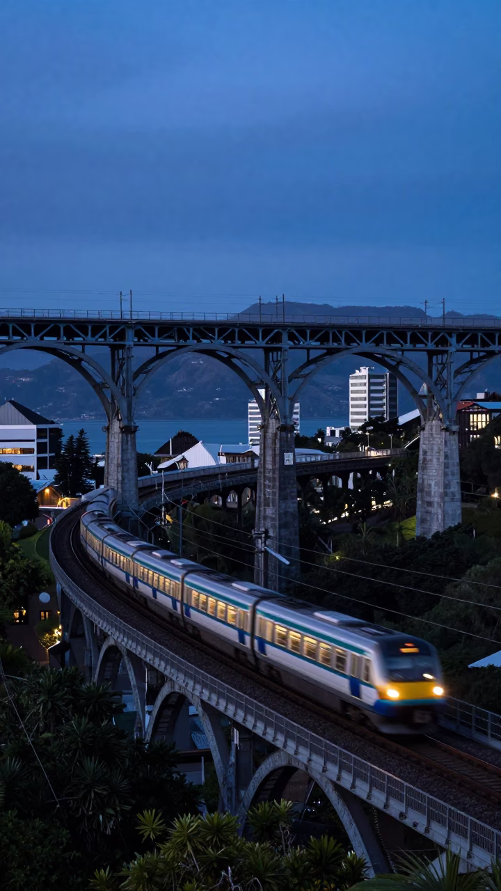 Indigo twilight railway viaduct with passing train in Wellington New Zealand in in Wellington, New Zealand