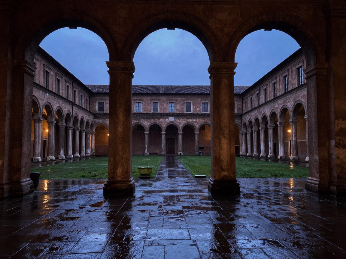 Indigo Twilight Rain Reflections on Wet Flagstones in a Historic Roman University Cloister in in Rome, Italy