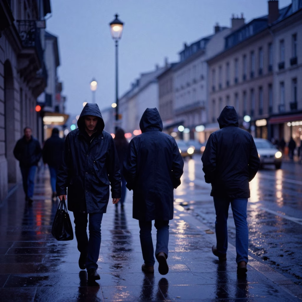 Indigo Twilight Raincoats and Wet Asphalt in Lyon France Street Photography in in Lyon, France