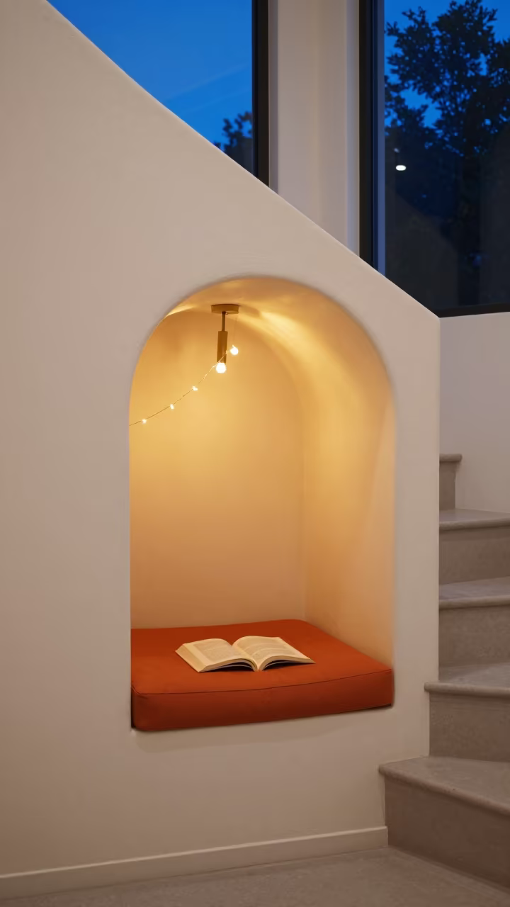 Indigo Twilight Reading Nook in Medina Staircase in on a reading nook cushion near Medina