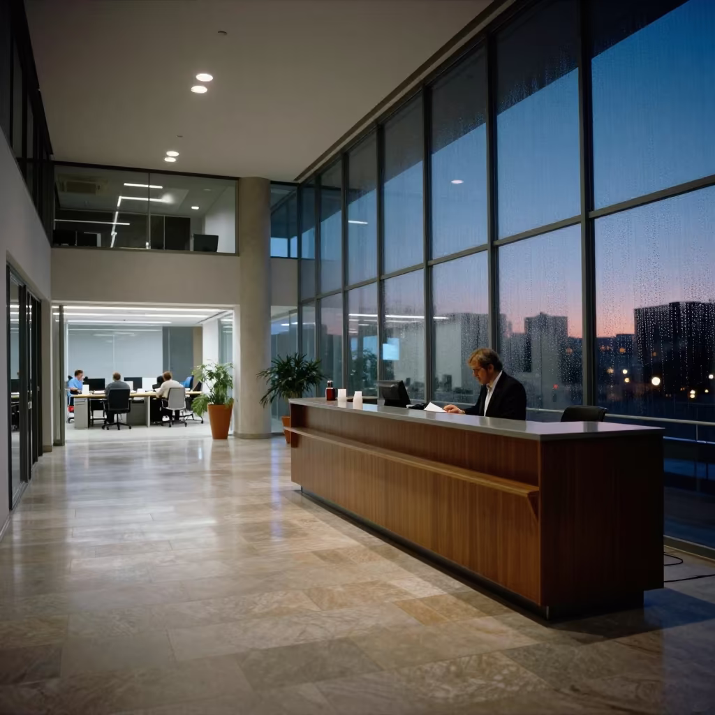 Indigo Twilight Reception Console in Madrid Lobby in inside an open-plan office bay in Alcalá de Henares