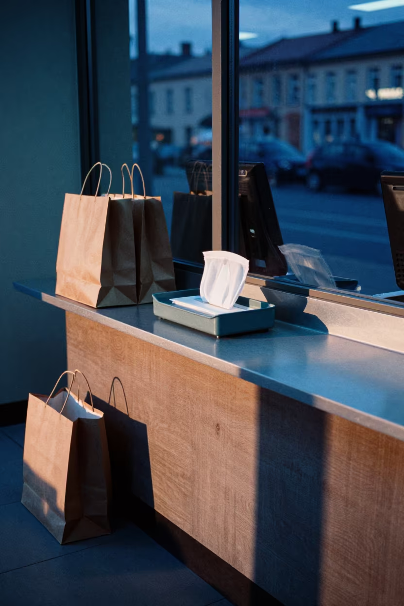 Indigo Twilight Retail Kiosk in Łódź in at a cash wrap counter with bags stacked nearby in Łódź