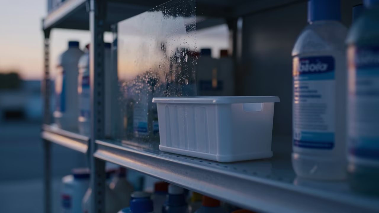 Indigo Twilight Retail Wipe Caddy Monrovia Stockroom in inside a stockroom behind the sales floor in Monrovia