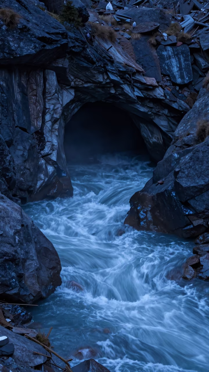 Indigo Twilight River Flowing From Andes Cave in in the Andes